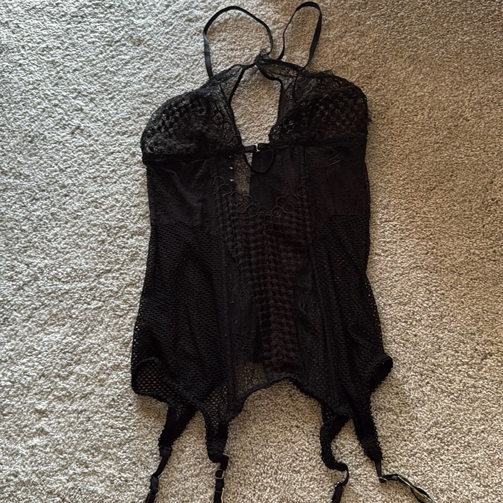 Victoria Secret Black Lace Mesh Bustier Corset Lingerie